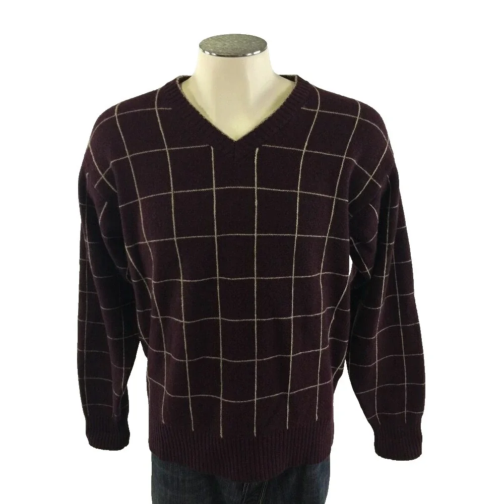 Orvis Vneck 100% Wool Sweater M Maroon‎ Gold Checks Golf Fishing Mens